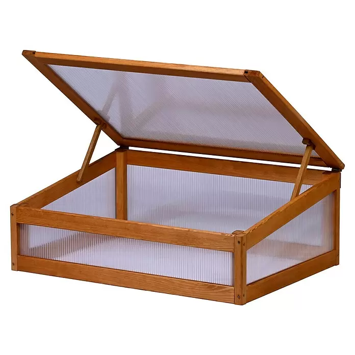 Dobar Frühbeet-Aufsatz Kubus 2.0 - L x B x H: 76 x 56 x 28 cm, Hellbraun - Holzkaltbeet mit transparenten Platten und offenem Deckel, gestützt von einer Strebe.