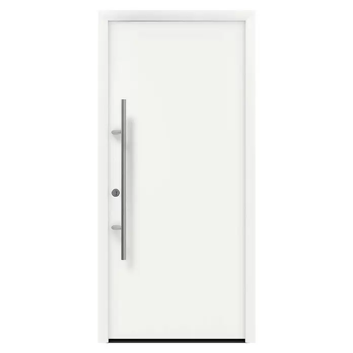 Hörmann EcoStar Haustür ISOPRO Secur IPS 010 - 110 x 210 cm, DIN Anschlag: Links, Verkehrsweiß - Weiße Haustür mit langem, vertikalem silbernem Stangengriff und Schlüsselloch.
