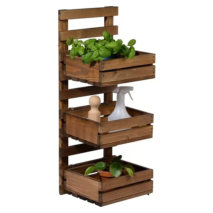 Dobar Holzregal - L x B x H: 29,5 x 26,5 x 74,5 cm, Braun - Braunes Wandregal aus Holz mit drei Kisten, die Pflanzen und Gartengeräte halten.