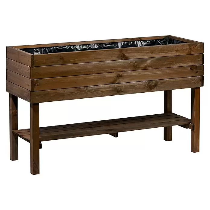 Dobar Hochbeet - 117 x 40 x 70,5 cm, Holz, Braun - Dunkelbraunes Hochbeet aus Holz mit schwarzer Folie und unterer Ablage.