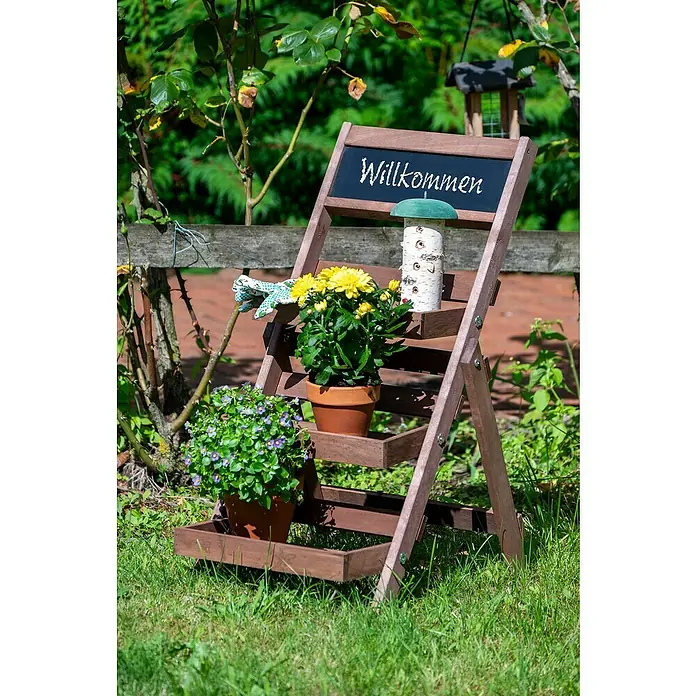 Dobar Blumentreppe - 47,5 x 38,5 x 70,5 cm, Braun - Dekoratives Holzregal mit Blumen und einer Tafel mit der Aufschrift "Willkommen", ideal für Gartenliebhaber.