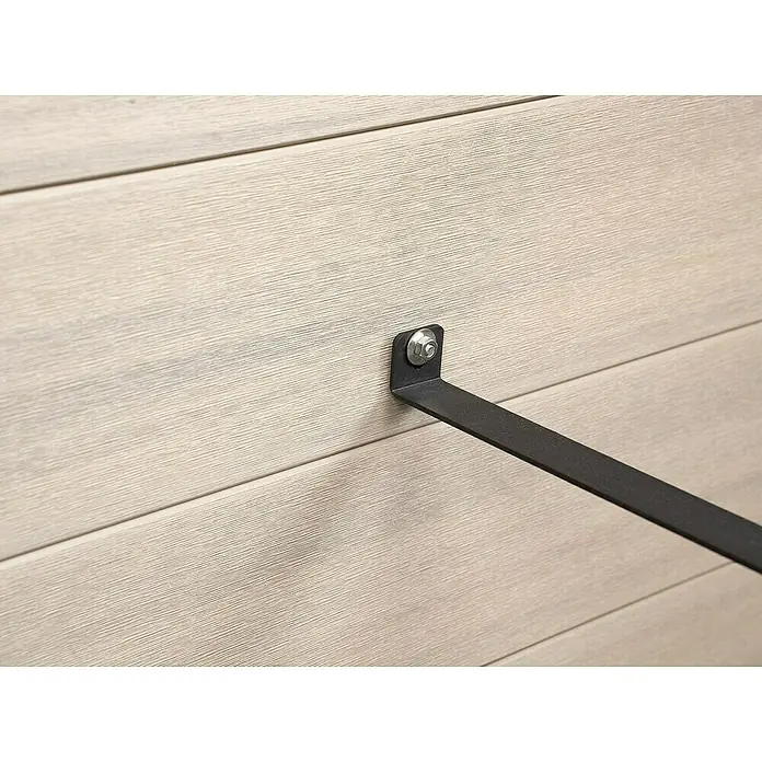 Dobar Hochbeet XXL - 146 x 70 x 75 cm, Verbundwerkstoff, Silbergrau - Detailansicht einer Wandhalterung aus Metall mit Schraube, befestigt an einer hellen Holzverkleidung.