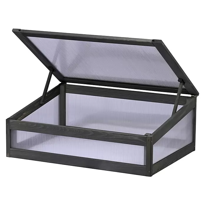 Dobar Frühbeet-Aufsatz Kubus 2.0 - Passend für: Dobar Hochbeet Kubus 2.0, L x B x H: 76 x 56 x 28 cm, Anthrazit - Dunkelgraues Holz-Frühbeet mit transparenten Polycarbonatplatten und offenem Deckel.