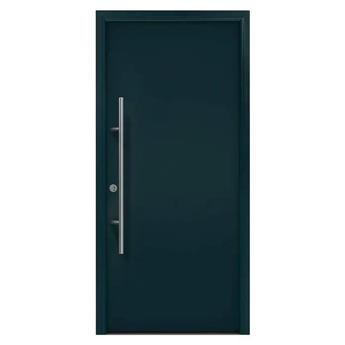 Hörmann EcoStar Haustür ISOPRO Secur IPS 010 - 110 x 210 cm, DIN Anschlag: Links, Anthrazitgrau - Dunkelblaue Tür mit vertikalem silbernen Stangengriff und rundem Schloss.