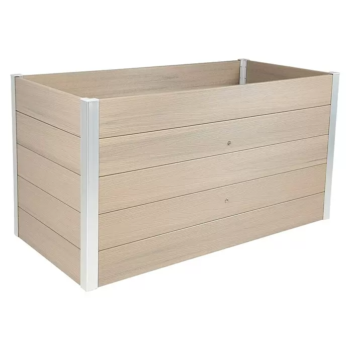 Dobar Hochbeet XXL - 146 x 70 x 75 cm, Verbundwerkstoff, Silbergrau - Helles Hochbeet in Holzoptik mit silbernen Eckstützen.