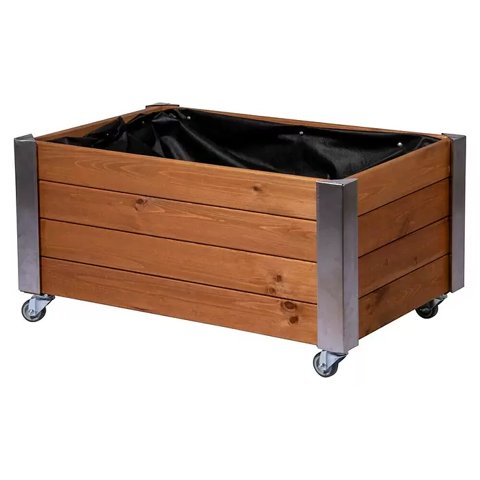Dobar Hochbeet Rollfi - 78 x 52 x 40,5 cm, Holz, Braun - Braunes Holz-Pflanzgefäß auf Rollen mit Metalleckakzenten und schwarzem Stofffutter.