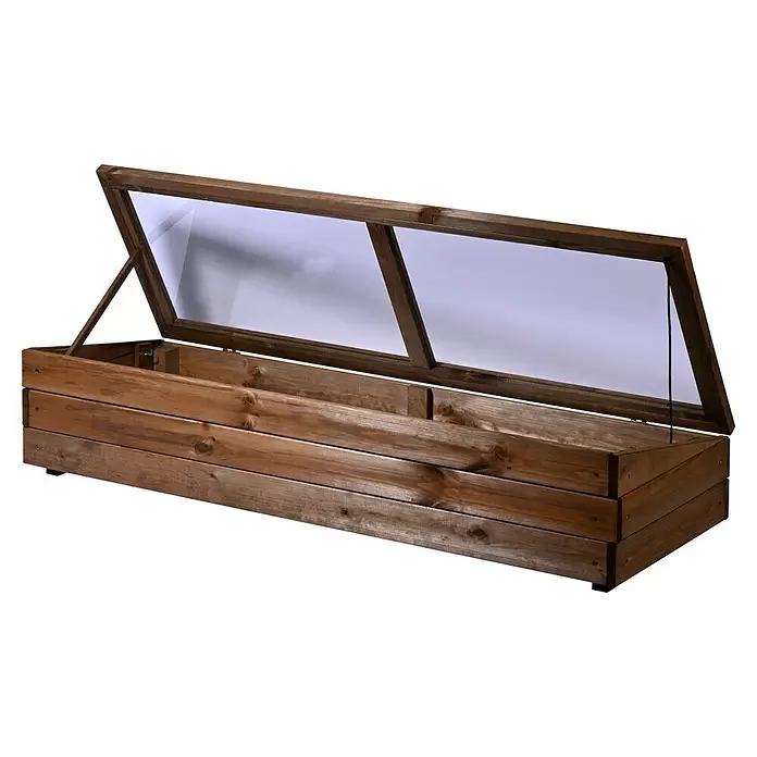Dobar Frühbeet-Aufsatz Teak - L x B x H: 117 x 40 x 26 cm, Dunkelbraun - Offenes Holz-Frühbeet mit transparentem Deckel, zeigt den Innenraum zum Pflanzenanbau.