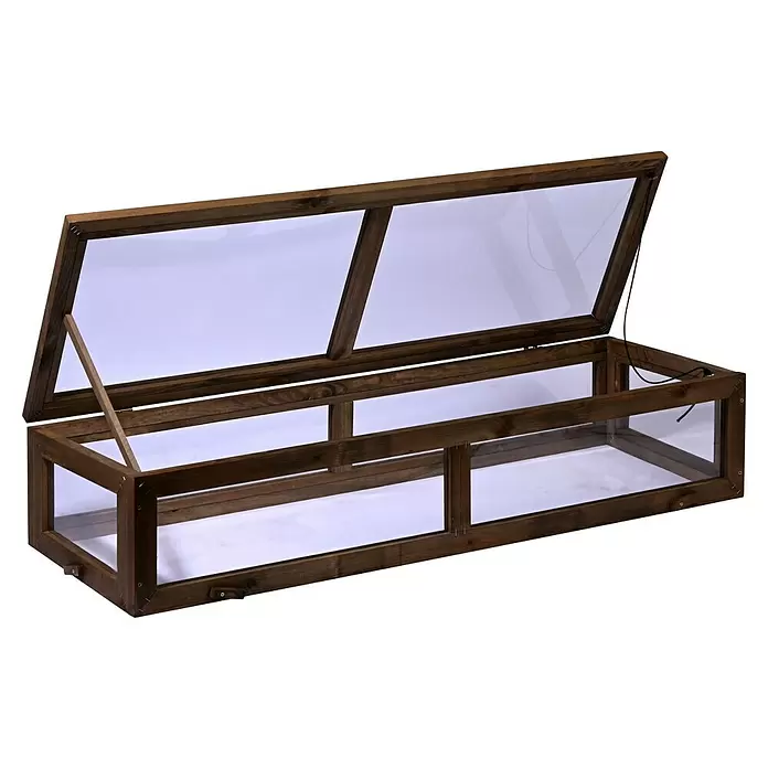 Dobar Frühbeet-Aufsatz Teak - L x B x H: 117 x 40 x 24,5 cm, Dunkelbraun - Offenes Holz-Frühbeet mit transparenten Scheiben, mit Stütze und Kordel offen gehalten.