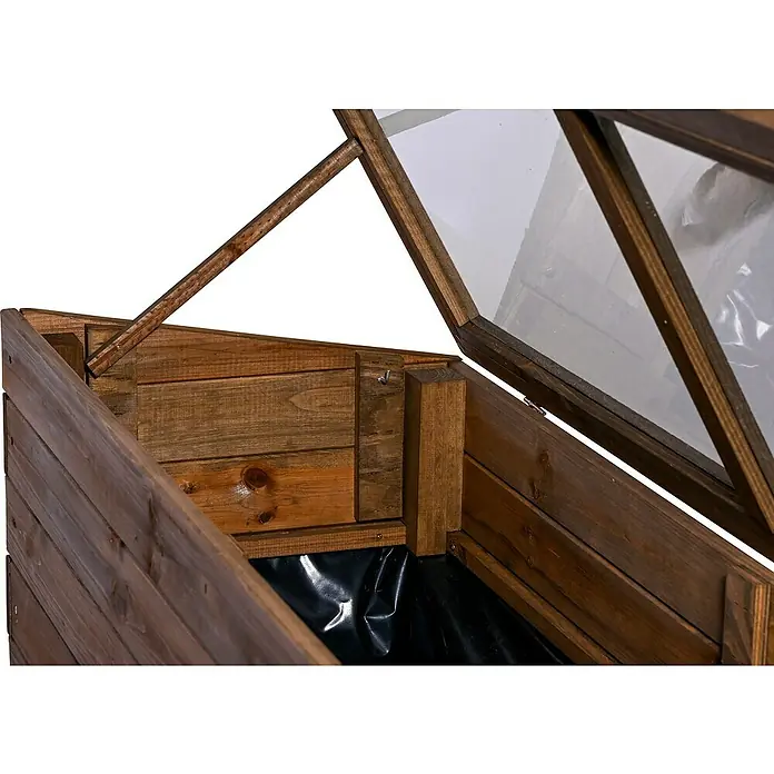 Dobar Frühbeet-Aufsatz Teak - L x B x H: 117 x 40 x 26 cm, Dunkelbraun - Nahaufnahme des offenen Holz-Hochbeets mit transparentem Deckel. Ideal für den Gartenanbau und als Frühbeet geeignet.
