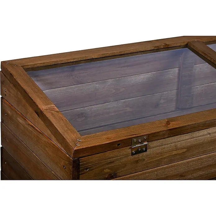 Dobar Frühbeet-Aufsatz Teak - L x B x H: 117 x 40 x 26 cm, Dunkelbraun - Nahaufnahme eines Holz-Frühbeets mit durchsichtigem Deckel, ideal für den Garten oder Balkon.