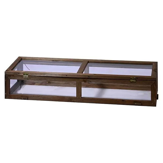 Dobar Frühbeet-Aufsatz Teak - L x B x H: 117 x 40 x 24,5 cm, Dunkelbraun - Dunkelbrauner Holz-Frühbeetkasten mit transparenten Scheiben und Messingscharnieren.