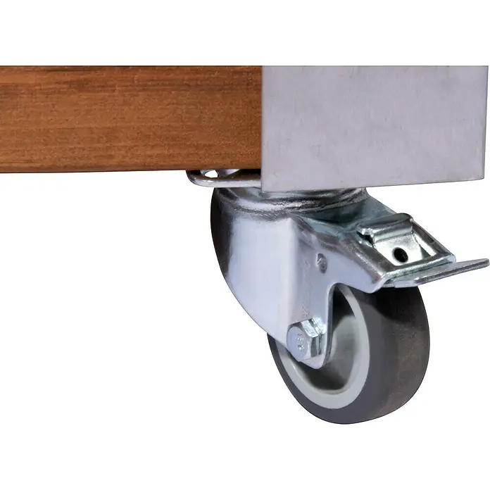 Dobar Hochbeet Rollfi - 78 x 52 x 40,5 cm, Holz, Braun - Detailansicht eines Möbelrades mit Bremse, befestigt an einem Holzmöbelstück. Das Rad ist silbern und hat eine graue Lauffläche.