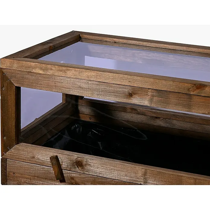 Dobar Frühbeet-Aufsatz Teak - L x B x H: 117 x 40 x 24,5 cm, Dunkelbraun - Nahaufnahme eines erhöhten Gartenbeets aus Holz mit einer transparenten Abdeckung, ideal für den Anbau von Pflanzen und Gemüse.