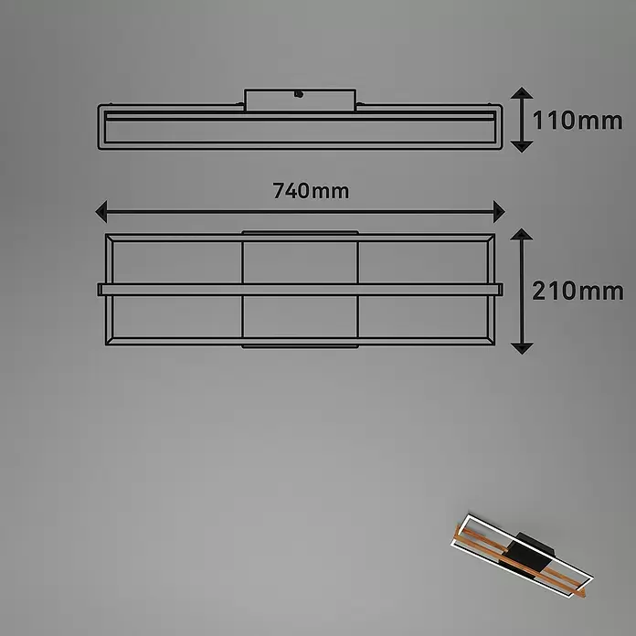 Brilo LED-Deckenleuchte Nested - 21 W, L x B x H: 74 x 21 x 11 cm, Schwarz, Warmweiß - Rechteckige Deckenleuchte in Schwarz und Holz mit integrierter LED, Maße: 740mm L x 110mm B x 210mm H.
