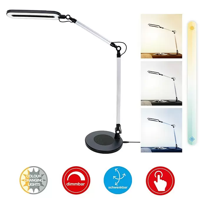 Brilo LED-Tischleuchte - Ø x H: 20 x 51 cm, Schwarz, Warmweiß - Verstellbare LED-Schreibtischlampe mit schwarzem Sockel und silbernem Arm, mit anpassbaren Lichtfarben und Dimmfunktionen.