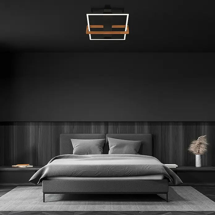 Brilo LED-Deckenleuchte Nested - 12 W, L x B x H: 35 x 33 x 11 cm, Schwarz, Warmweiß - Moderne Schlafzimmerleuchte mit Holz- und LED-Akzenten, die einen eleganten und minimalistischen Touch verleiht. Die perfekte Beleuchtung für Ihr Schlafzimmer.