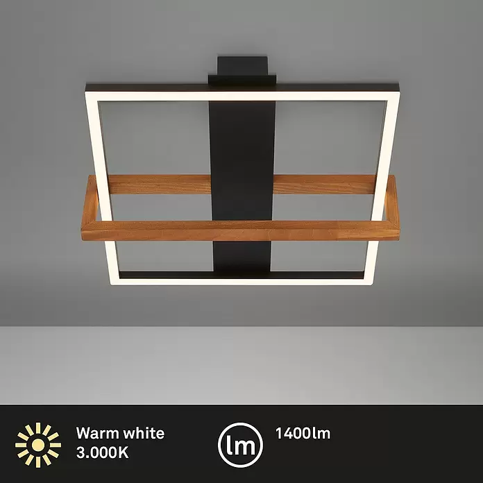 Brilo LED-Deckenleuchte Nested - 12 W, L x B x H: 35 x 33 x 11 cm, Schwarz, Warmweiß - Moderne geometrische Deckenleuchte mit schwarzer Halterung, Holzstäben und weißen beleuchteten Rechteckrahmen.