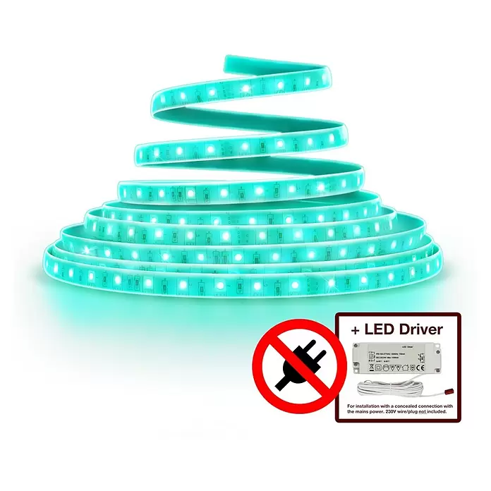 Innr Lighting LED-Band Smart Flex Colour mit LED-Driver - Länge: 4 m, Lichtfarbe: RGBW, 24 W, 1.000 lm - 2.000 lm, 220 V - 240 V - Gebogener aqua LED-Streifen mit integrierten LEDs und separatem LED-Treiber. Erfordert verdeckte Verkabelung, Stecker nicht enthalten.