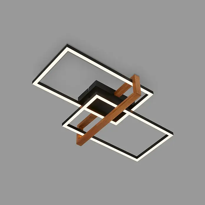 Brilo LED-Deckenleuchte Nested - 34 W, L x B x H: 50,5 x 31,5 x 11 cm, Schwarz, Warmweiß - Moderne LED-Deckenleuchte mit geometrischem Design aus schwarzen Rahmen und Holzelementen für eine stilvolle Beleuchtung.