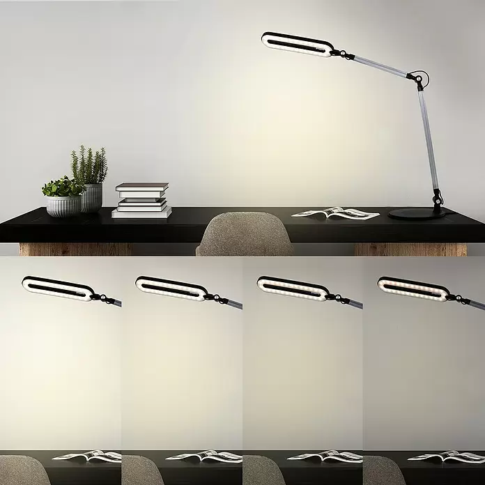 Brilo LED-Tischleuchte - Ø x H: 20 x 51 cm, Schwarz, Warmweiß - Verstellbare silberne und schwarze LED-Schreibtischlampe beleuchtet einen Schreibtisch und zeigt verschiedene Lichttemperaturen und Helligkeitsstufen.