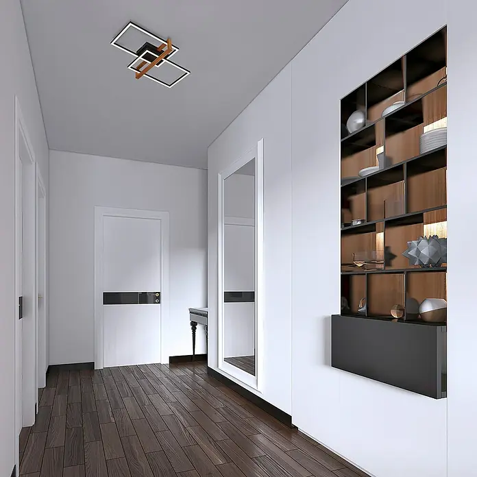 Brilo LED-Deckenleuchte Nested - 34 W, L x B x H: 50,5 x 31,5 x 11 cm, Schwarz, Warmweiß - Elegante Fluransicht mit modernem Deckenlicht, Einbauregal mit Deko und Spiegel, die dem Raum ein stilvolles und einladendes Ambiente verleihen.