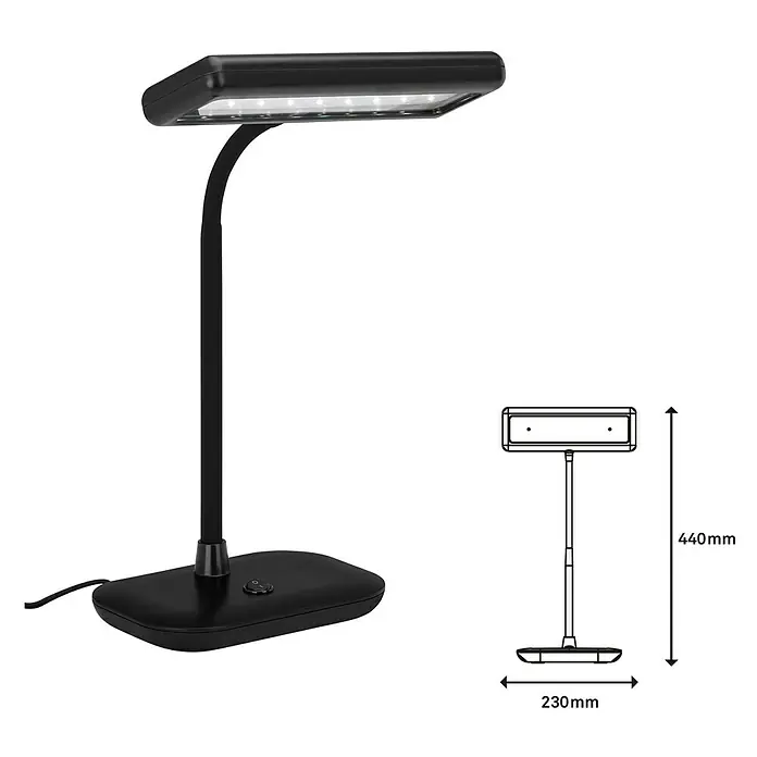 Briloner LED-Tischleuchte Daylight - 8 W, L x B x H: 23 x 12 x 44 cm, Schwarz, Tageslichtweiß - Eine schwarze LED-Tischleuchte mit flexiblem Hals und einem rechteckigen Sockel, ideal für Schreibtische und Nachttische.