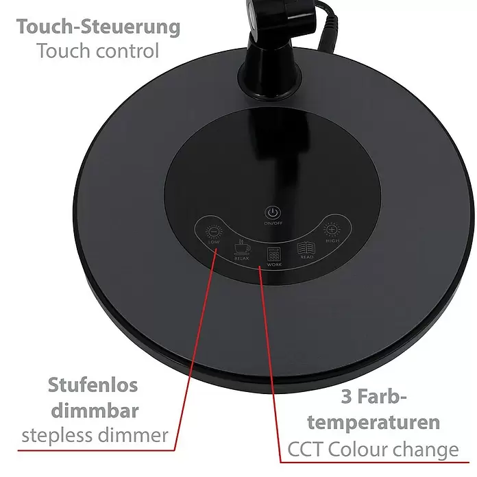Brilo LED-Tischleuchte - Ø x H: 20 x 51 cm, Schwarz, Warmweiß - Dunkelgraue Schreibtischlampenbasis mit Touch-Bedienfeld für stufenlose Dimmung und 3 Farbtemperaturen: Relax, Work, Read.