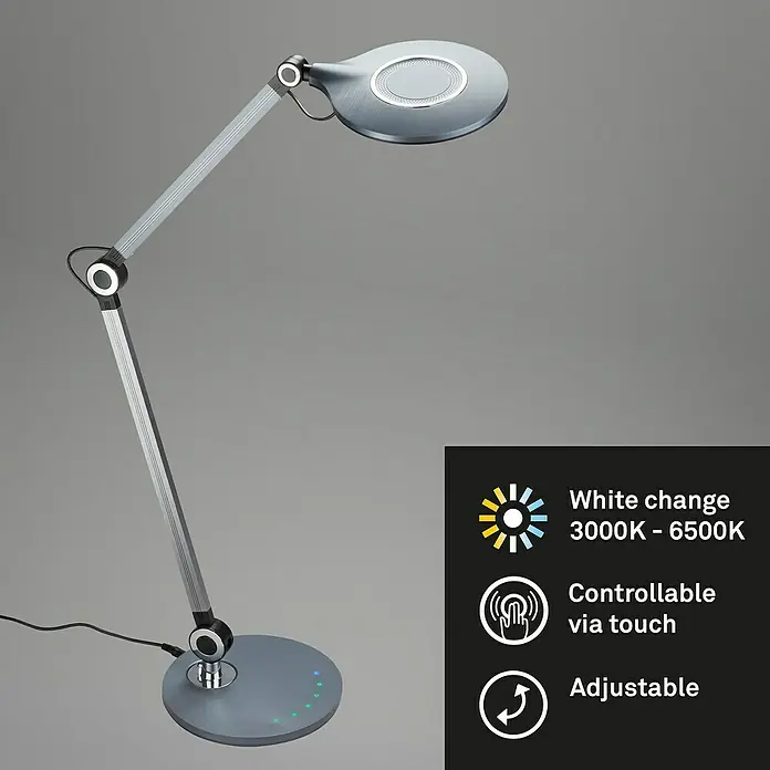Brilo LED-Tischleuchte Office - 7 W, Ø x H: 20 x 74 cm, Anthrazit, Warmweiß - Elegante Schreibtischleuchte in Grau mit verstellbarem Licht, berührungsempfindlicher Steuerung und Farbtemperaturwechsel von 3000K bis 6500K.