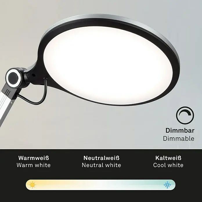 Brilo LED-Tischleuchte Office - 7 W, Ø x H: 20 x 74 cm, Silber, Warmweiß - Produktbild einer dimmbaren Schreibtischlampe mit verschiedenen Weißlichtfarben für individuelle Beleuchtung.