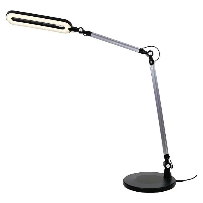 Brilo LED-Tischleuchte - Ø x H: 20 x 51 cm, Schwarz, Warmweiß - Moderne schwarze und silberne verstellbare LED-Schreibtischlampe mit rechteckigem Leuchtenkopf und rundem Fuß.