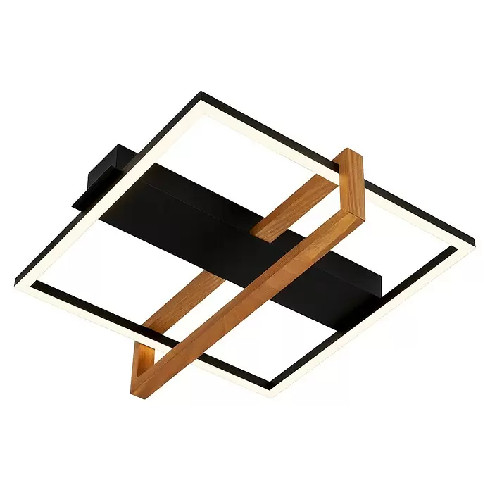 Brilo LED-Deckenleuchte Nested - 12 W, L x B x H: 35 x 33 x 11 cm, Schwarz, Warmweiß - Moderne, geometrische Deckenleuchte aus schwarzem Metall und Naturholz mit weißen LED-Lichtlinien.