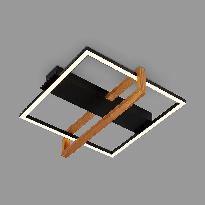 Brilo LED-Deckenleuchte Nested - 12 W, L x B x H: 35 x 33 x 11 cm, Schwarz, Warmweiß - Moderne Deckenleuchte mit quadratischem Design, Holzdetails und integrierter LED-Beleuchtung für stilvolle Raumbeleuchtung.