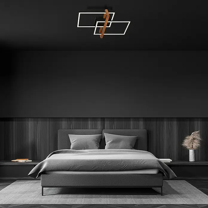 Brilo LED-Deckenleuchte Nested - 34 W, L x B x H: 50,5 x 31,5 x 11 cm, Schwarz, Warmweiß - Schlafzimmer mit einer modernen Deckenleuchte mit geometrischem Design und Holzdetails, die eine warme Atmosphäre schafft.