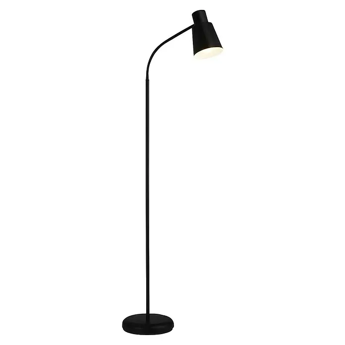 Brilo Stehleuchte - 10 W, Höhe: 128 cm, Schwarz, E27 - Schwarze Stehleuchte mit gewölbtem Hals und rundem Fuß, die warmweißes Licht abgibt.