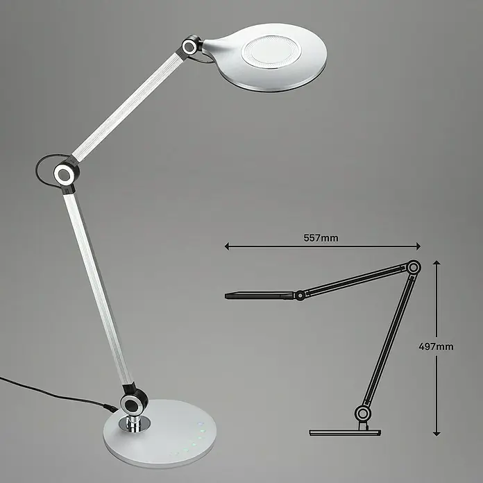 Brilo LED-Tischleuchte Office - 7 W, Ø x H: 20 x 74 cm, Silber, Warmweiß - Produktabbildung einer modernen Schreibtischleuchte mit Maßen. Ideal für Büro oder Zuhause, bietet diese Lampe funktionelles Design.
