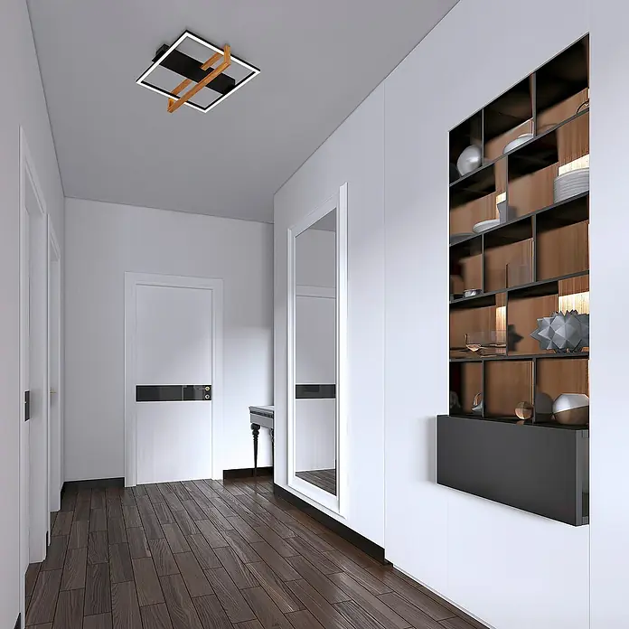 Brilo LED-Deckenleuchte Nested - 12 W, L x B x H: 35 x 33 x 11 cm, Schwarz, Warmweiß - Ein modernes, quadratisches Deckenlicht mit Holzdetails in einem hellen Flur, der eine elegante und einladende Atmosphäre schafft.