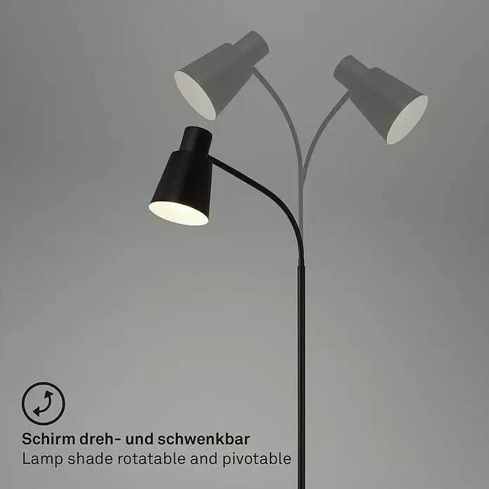 Brilo Stehleuchte - 10 W, Höhe: 128 cm, Schwarz, E27 - Schwarze dreiflammige Stehleuchte mit dreh- und schwenkbaren Schirmen, ein Schirm beleuchtet.
