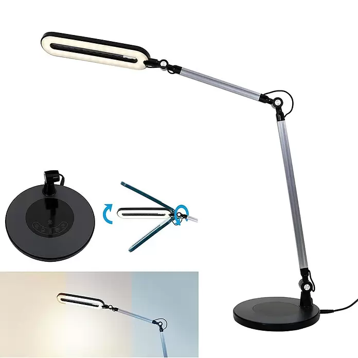 Brilo LED-Tischleuchte - Ø x H: 20 x 51 cm, Schwarz, Warmweiß - Schwarze und silberne LED-Schreibtischlampe mit verstellbarem Arm, drehbarem Kopf, Touch-Steuerung und Farbtemperatur-Optionen.