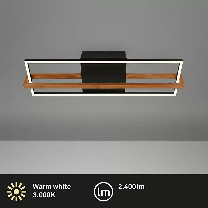 Brilo LED-Deckenleuchte Nested - 21 W, L x B x H: 74 x 21 x 11 cm, Schwarz, Warmweiß - Moderne Deckenleuchte aus schwarzem Metall und Holz mit rechteckigem LED-Rahmen.