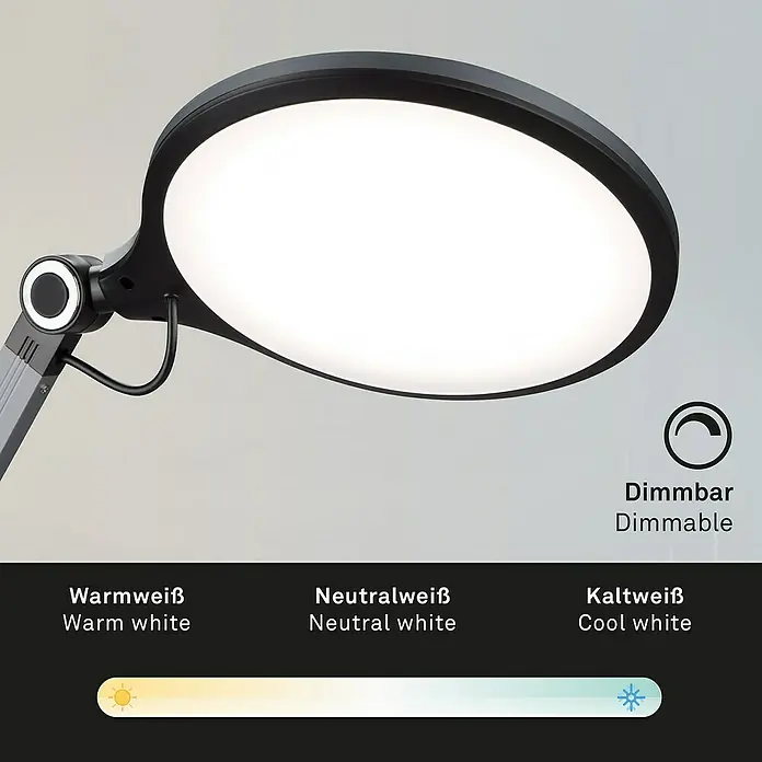 Brilo LED-Tischleuchte Office - 7 W, Ø x H: 20 x 74 cm, Anthrazit, Warmweiß - Diese LED-Schreibtischlampe bietet dimmbares, warmes, neutrales und kaltweißes Licht. Ideal für Büro und Zuhause, schafft eine angenehme Arbeitsatmosphäre.