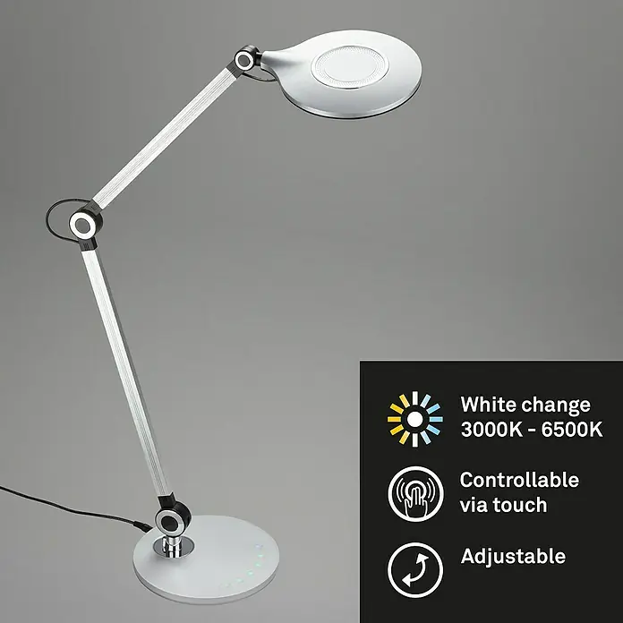 Brilo LED-Tischleuchte Office - 7 W, Ø x H: 20 x 74 cm, Silber, Warmweiß - Silberne LED-Schreibtischlampe mit Touch-Bedienung und einstellbarer Farbtemperatur für optimales Licht beim Arbeiten.