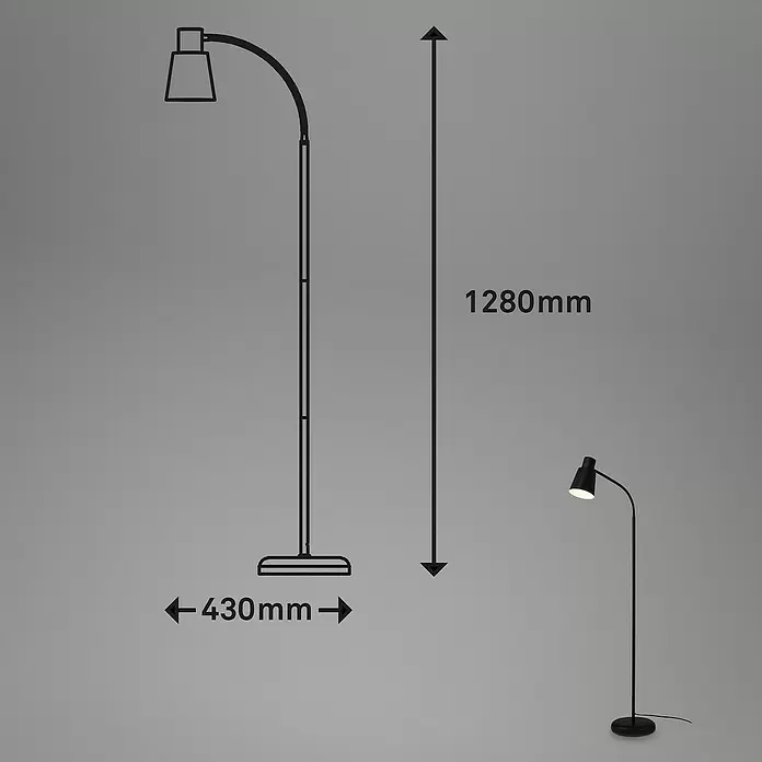 Brilo Stehleuchte - 10 W, Höhe: 128 cm, Schwarz, E27 - Schwarze Stehleuchte mit gebogenem Arm und rundem Fuß, 1280mm hoch und 430mm breit. Spendet gerichtetes Licht.
