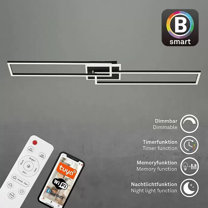 Brilo LED-Wand- & Deckenleuchte Frame S - 34 W, L x B x H: 110 x 24,8 x 7,8 cm, Schwarz, Warmweiß - Moderne schwarz-weiße LED-Deckenleuchte mit geometrischem Design, Fernbedienung und Smart-App-Steuerung (dimmbar, Timer, Speicher, Nachtlicht).