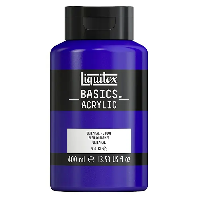 Liquitex Basics Acrylfarbe - Ultramarinblau, 400 ml - Produktbild einer 400ml Flasche Liquitex Basics Acrylfarbe in Ultramarinblau, ideal für Künstler und Hobbyanwender.