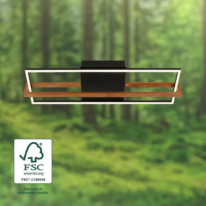 Brilo LED-Deckenleuchte Nested - 21 W, L x B x H: 74 x 21 x 11 cm, Schwarz, Warmweiß - Moderne rechteckige Deckenleuchte mit schwarzer Mitte, weißen LED-Streifen und Holz Akzenten.