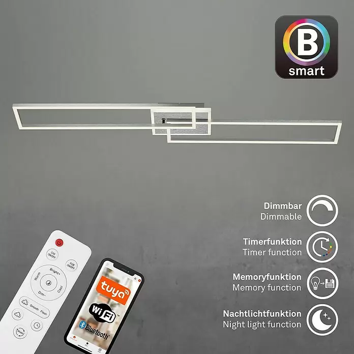 Brilo LED-Wand- & Deckenleuchte Frame S - 34 W, L x B x H: 110 x 24,8 x 7,8 cm, Aluminiumfarbig, Warmweiß - Moderne, silberne, geometrische LED-Deckenleuchte mit Smart-Steuerung für Dimmung, Timer und Nachtlichtfunktion.