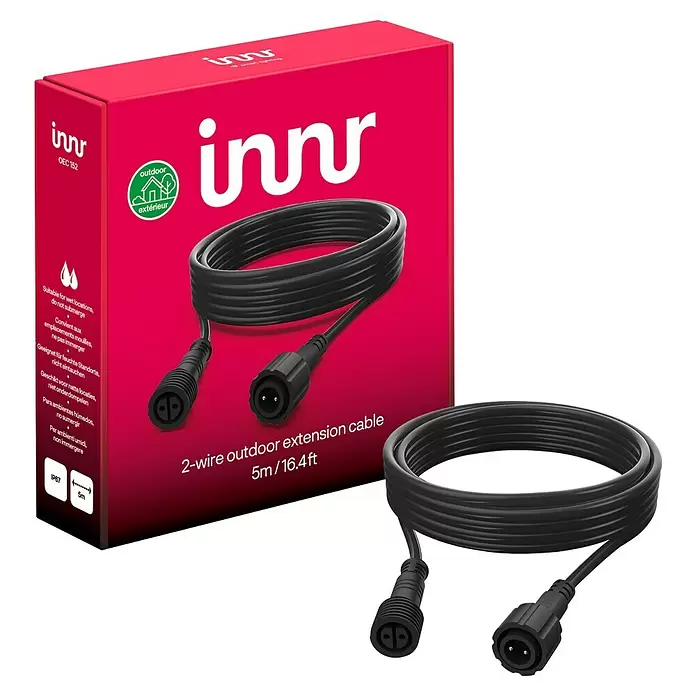 Innr Lighting Verlängerungskabel für LED-Gartenspots - 5 m, IP67 - Innr OEC 152 schwarzes 5m/16,4ft 2-Draht-Outdoor-Verlängerungskabel, IP67, mit magentafarbener Verpackung.
