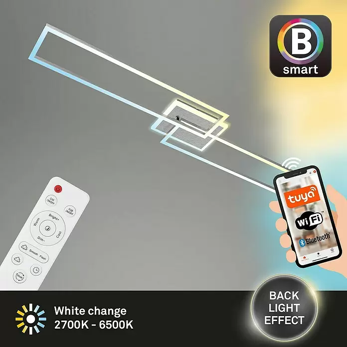 Brilo LED-Wand- & Deckenleuchte Frame S - 34 W, L x B x H: 110 x 24,8 x 7,8 cm, Aluminiumfarbig, Warmweiß - Geometrische LED-Deckenleuchte mit Fernbedienung und Smart-App (Tuya, WLAN, Bluetooth). Weißlicht (2700K-6500K) und Hintergrundlicht einstellbar.