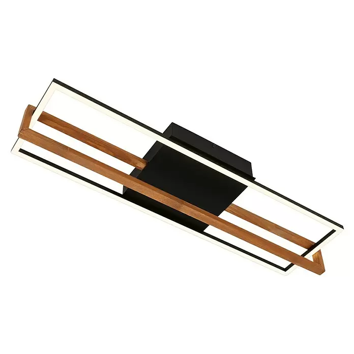 Brilo LED-Deckenleuchte Nested - 21 W, L x B x H: 74 x 21 x 11 cm, Schwarz, Warmweiß - Geometrische LED-Deckenleuchte mit schwarzem Sockel, Holzbalken und weißen Lichtrahmen.