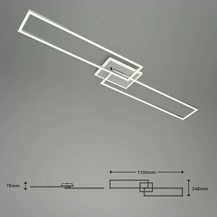Brilo LED-Wand- & Deckenleuchte Frame S - 34 W, L x B x H: 110 x 24,8 x 7,8 cm, Aluminiumfarbig, Warmweiß - Moderne LED-Deckenleuchte mit verbundenen rechteckigen weißen Rahmen und grauer Basis, bündig an der Decke montiert.